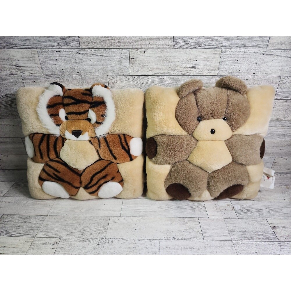 Vintage 3D Animal Throw Pillow Set 11" Bear & Tiger Plush 90s Kids Dolls TWIE